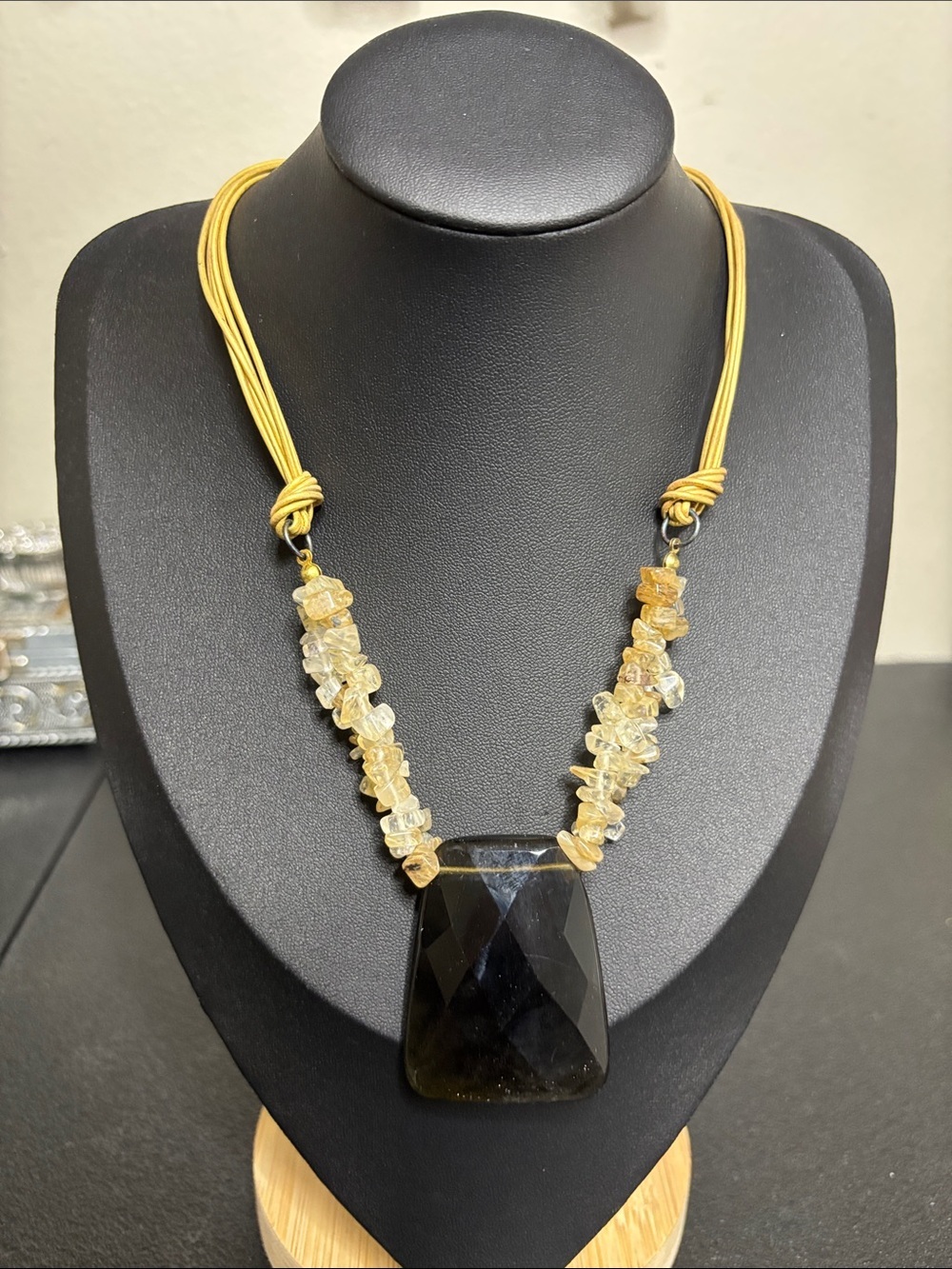 Citrine Chip Necklace with Black Faceted Pendant Gild Leather Cord